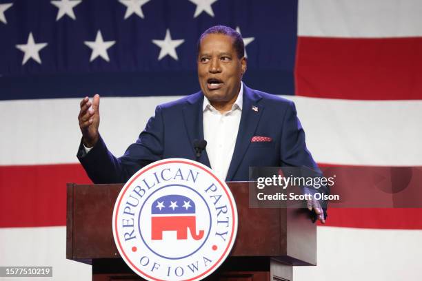 Republican presidential candidate conservative radio talk show host Larry Elder speaks to guests at the Republican Party of Iowa 2023 Lincoln Dinner...