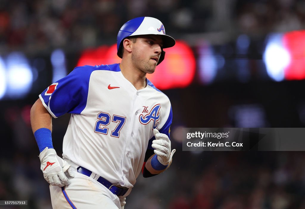 Austin Riley Third Base Austin Riley of the Atlanta Braves rounds third base after hitting a ...