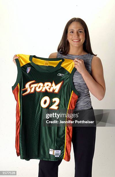 Sue Bird, the pick of the WNBA Draft 2002, is selected by the Seattle Storm and poses for a portrait during the WNBA Draft 2002 in Secaucus, New...