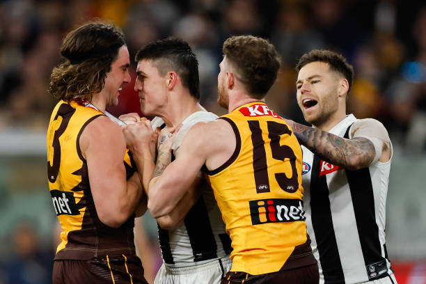 Brayden Maynard of the Magpies and Jai Newcombe of the Hawks remonstrate during the 2023 AFL Round 21 match between the Hawthorn Hawks and the...