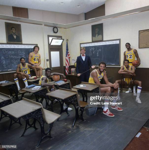 The NBA Goes Back To School: Team portrait of Los Angeles Lakers Norm Nixon , Mitch Kupchak , Michael Cooper , coach Paul Westhead, Kareem...
