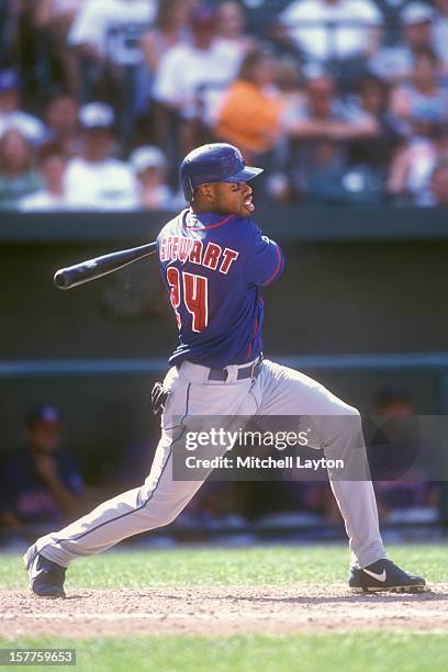 Shannon Stewart of the Toronto Blue Jays takes a a swing during a baseball game against the Baltimore Orioles on August 23, 2002 at Camden Yards in...