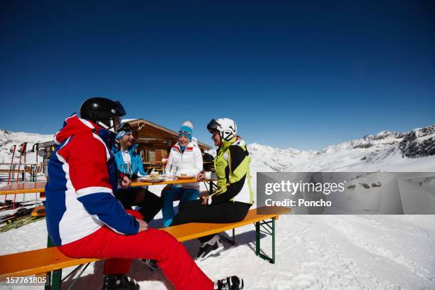 group of skier at mountain hut having a champagne - mountains alcohol snow bildbanksfoton och bilder