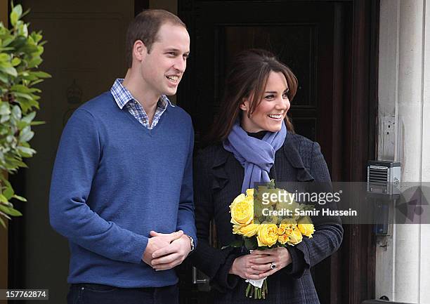 Prince William, Duke of Cambridge and Catherine, Duchess of Cambridge leave the King Edward VII Hospital after she was treated for acute morning...