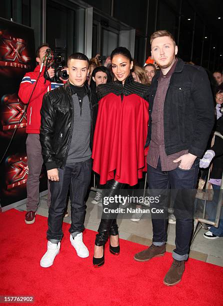 Jahmene Douglas, Nicole Scherzinger and James Arthur attends a press conference ahead of the X Factor final this weekend at Manchester Conference...