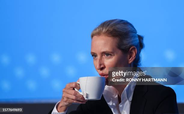 Alice Weidel, co-leader and parliamentary group co-leader of the far-right Alternative for Germany, party, attends the European Election Assembly of...