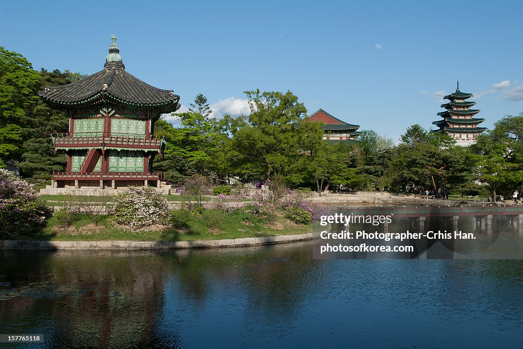 Korea Royal Palace Pavilion Pond and Towers