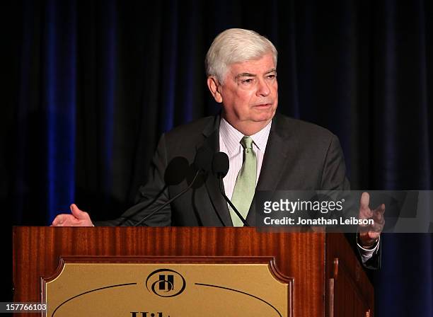 Senator Chris Dodd, Chairman and CEO, Motion Picture Association of America speaks onstage during the Content Protection Summit produced by Variety...