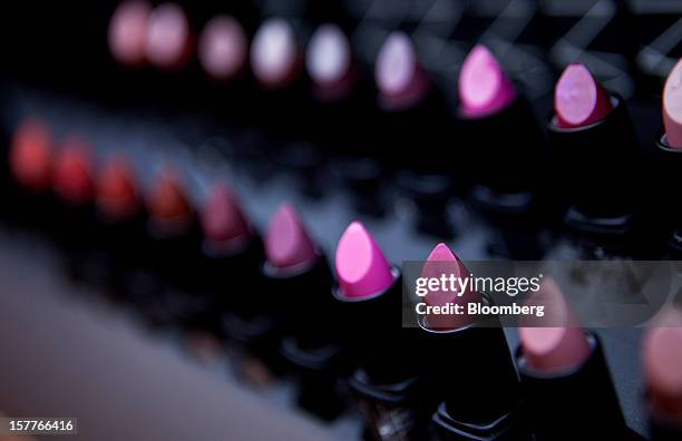 Various shades of lipstick sit on display during the opening of a Sephora SA store at the Riosul shopping mall in Rio de Janeiro, Brazil, on...