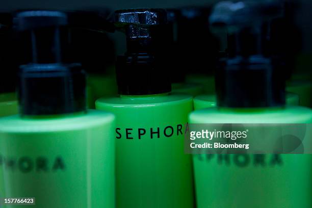 Shampoo containers are displayed for sale during the opening of a Sephora SA store at the Riosul shopping mall in Rio de Janeiro, Brazil, on...