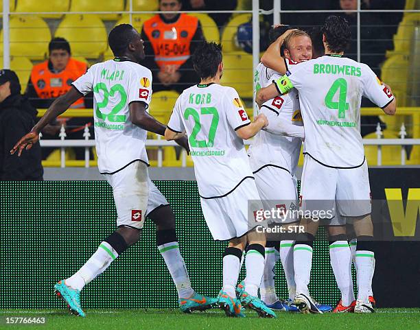 Borussia Monchengladbach's players celebrate their second goal during the UEFA Europa League football match between Fenerbahce SK and VfL Borussia...