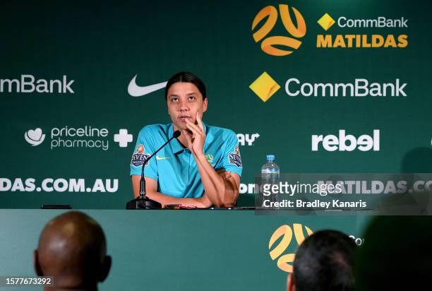 Sam Kerr speaks to the media during an Australian Matildas media opportunity in the FIFA Women's World Cup Australia & New Zealand 2023 at Queensland...