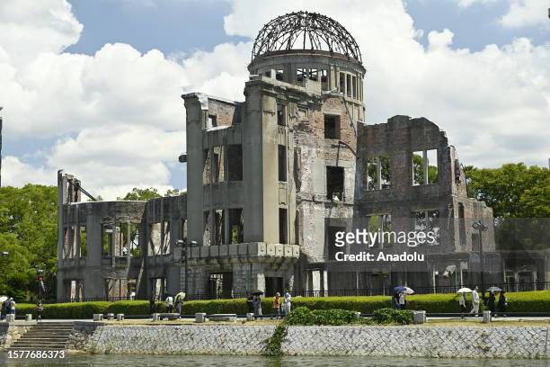 General view of the Hiroshima Peace Memorial as people visit the Peace Memorial Park to pay tribute for the atomic bomb victims in Hiroshima, Japan,...