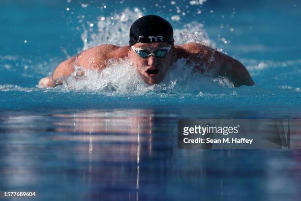 Aiden Hayes competes in the Men's 100 Butterfly Final on day three of the TYR Pro Championships at William Woollett Jr. Aquatics Center on July 28,...