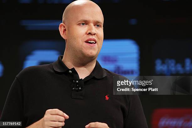 Spotify's founder and CEO Daniel Elk speaks at a Spotify event on December 6, 2012 in New York City. Elk, who started the Swedish music streaming...