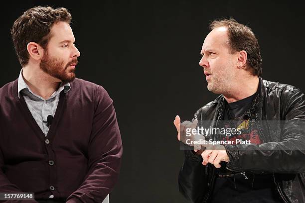 Napster co-founder Sean Parker speaks with Metallica drummer Lars Ulrich at a Spotify event on December 6, 2012 in New York City. Metallica recently...