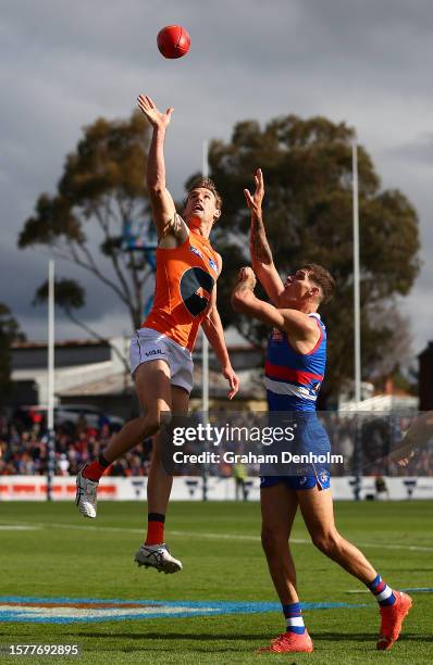 Lachlan Keeffe of the Giants competes for the ball during the round 20 AFL match between Western Bulldogs and Greater Western Sydney Giants at Mars...