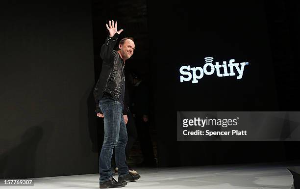 Metallica drummer Lars Ulrich leaves the stage at a Spotify event on December 6, 2012 in New York City. Metallica recently announced that their music...