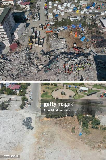 Composite image assembled of photos from above to below showing aerial photos of destroyed areas in the city with same frames taken from same angle...