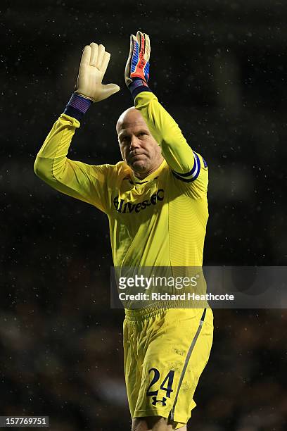 Brad Friedel of Tottenham Hotspur claps during the UEFA Europa League Group J match between Tottenham Hotspur and Panathinaikos at White Hart Lane on...