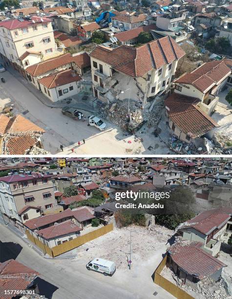 Composite image assembled of photos from above to below showing aerial photos of destroyed areas in the city with same frames taken from same angle...