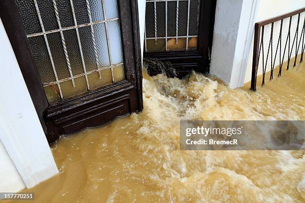 muddy water pouring through the entrance door - flooded home stockfoto's en -beelden