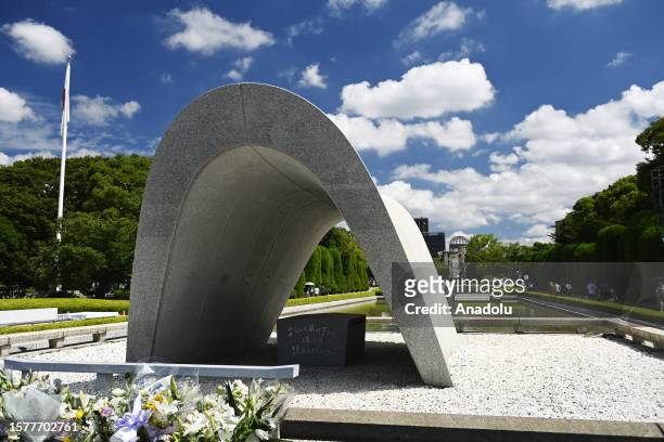 View of the cenotaph for the victims of the world's first atomic bombing at the Peace Memorial Park in Hiroshima, Japan, on August 05, 2023. Japan...