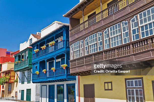 colored balconies, santa cruz de la palma - santa cruz de la palma stock pictures, royalty-free photos & images
