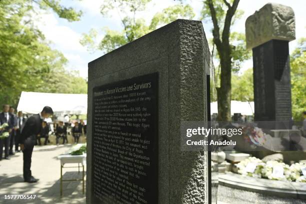 Ceremony to pay tribute to Koreans victims and Survivors of atomic bomb is held at the Peace Memorial Park in Hiroshima, Japan, on August 05, 2023....