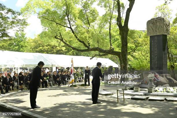 Ceremony to pay tribute to Koreans victims and Survivors of atomic bomb is held at the Peace Memorial Park in Hiroshima, Japan, on August 05, 2023....