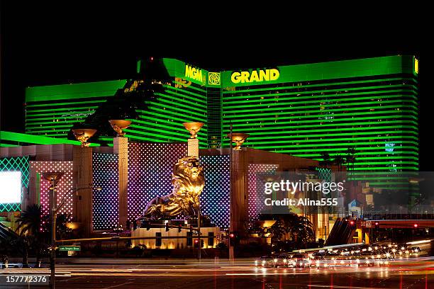 mgm grand hotel casino in las vegas at night - the strip las vegas stock pictures, royalty-free photos & images