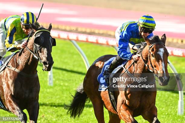 Carleen Hefel riding Flash Flood wins Race 5, the Luna Hand Care Handicap during Melbourne Racing at Moonee Valley Racecourse on July 29, 2023 in...