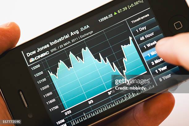dow jones industrial durchschnittliche index diagramm auf iphone 4 - dow jones industrial average stock-fotos und bilder