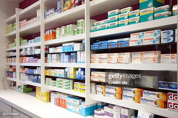 view on shelves in the sales room of a pharmacy - paracetamol stock pictures, royalty-free photos & images