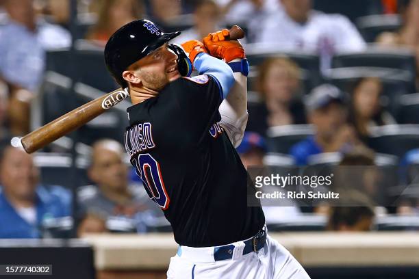 Pete Alonso of the New York Mets hits a two-run home run against the Washington Nationals during the seventh inning, his second of the game at Citi...