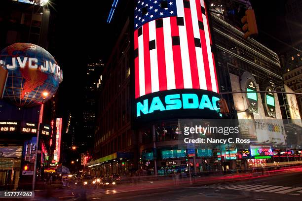 times square, new york city, night, motion blur - nasdaq stock pictures, royalty-free photos & images