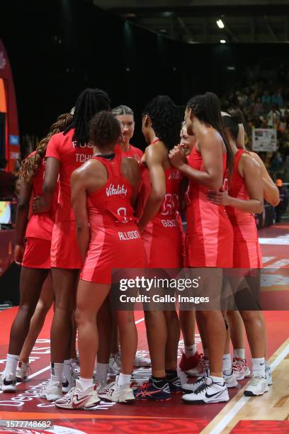 England players during the Netball World Cup 2023, Semi Final 1 match between England and New Zealand at Cape Town International Convention Centre,...