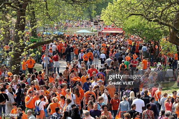 many people walking in the vondelpark on queen's day - koningsdag stockfoto's en -beelden