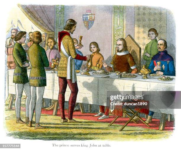 the prince serves king john at table - banquet stock illustrations