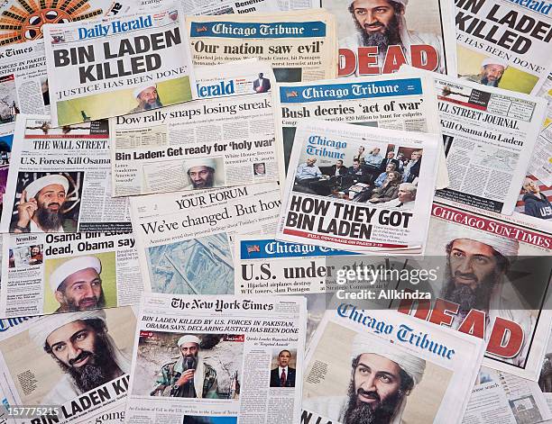 osama bin laden before and after headline collage - terrorism news stock pictures, royalty-free photos & images