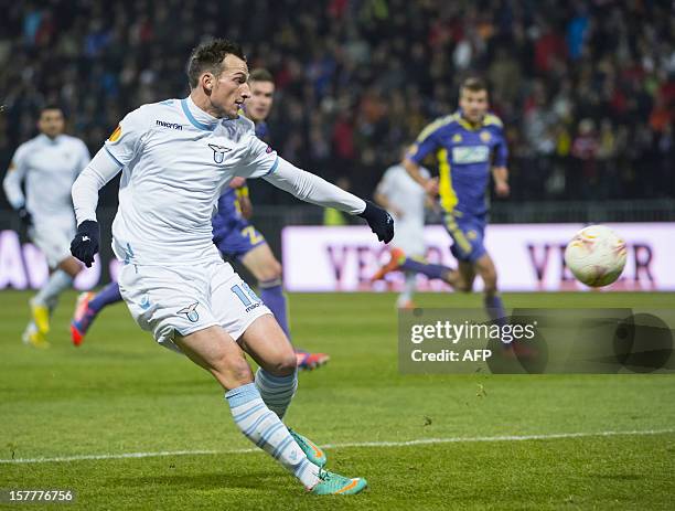 Lazio's Libor Kozak kicks the ball to score the first goal during the UEFA Europa League football match NK Maribor vs S.S. Lazio in Maribor, on...