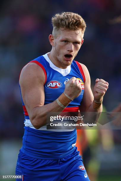 Adam Treloar of the Bulldogs celebrates kicking a goal during the round 20 AFL match between Western Bulldogs and Greater Western Sydney Giants at...