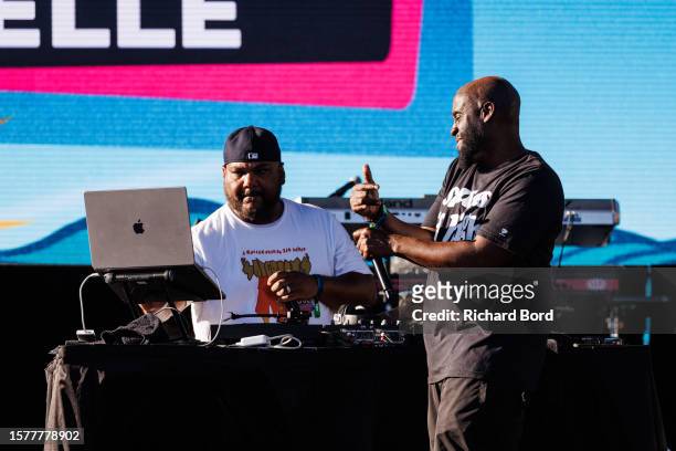 Vincent Mason a.k.a. Maseo and Kelvin Mercer a.k.a. Posdnuos of De La Soul perform on the Black Radio stage during the Blue Note Jazz Festival at...