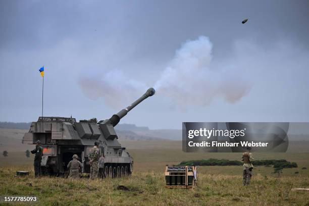 Ukrainian artillery recruits undergo a live fire training exercise on the AS90 155mm self-propelled gun, on July 27, 2023 in South West, England. The...
