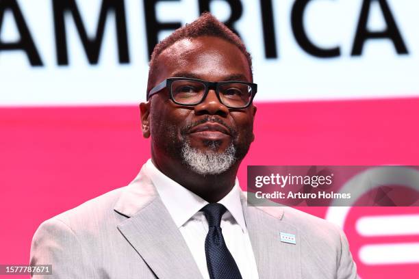 Mayor of Chicago Brandon Johnson appears on stage during the National Urban League Conference Plenary II: State of Black America on July 28, 2023 in...