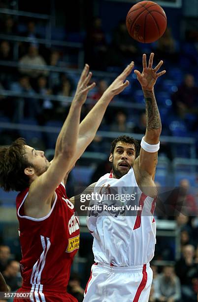 Miro Bilan, #15 of Cedevita Zagreb competes with Martynas Gecevicius, #13 of Olympiacos during the 2012-2013 Turkish Airlines Euroleague Regular...