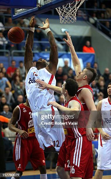 Powell Josh of Olympiacos Piraeus competes with Jusuf Nurkic, #23 of Cedevita Zagreb during the 2012-2013 Turkish Airlines Euroleague Regular Season...