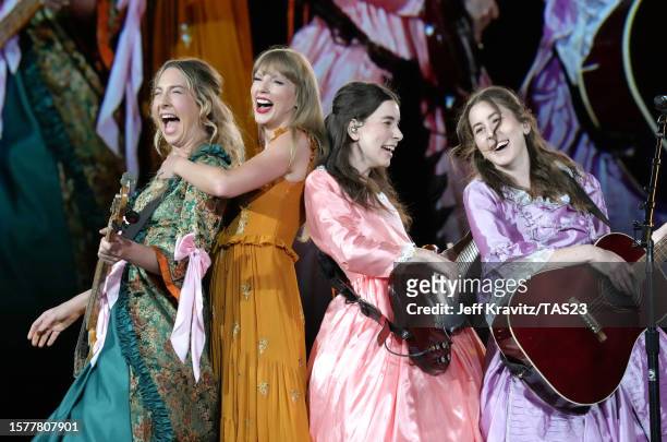 Este Haim, Taylor Swift, Danielle Haim and Alana Haim perform onstage during Taylor Swift | The Eras Tour at Levi's Stadium on July 28, 2023 in Santa...