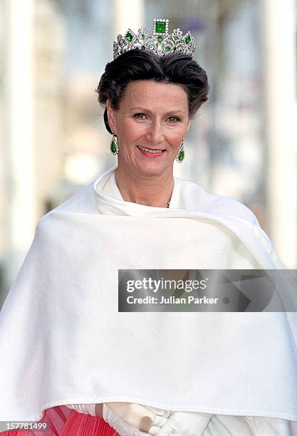 Queen Sonja Of Norway Attends A Performance Of The Dramatic Theatre, During The Celebration For King Carl Gustav Of Sweden'S 50Th Birthday.