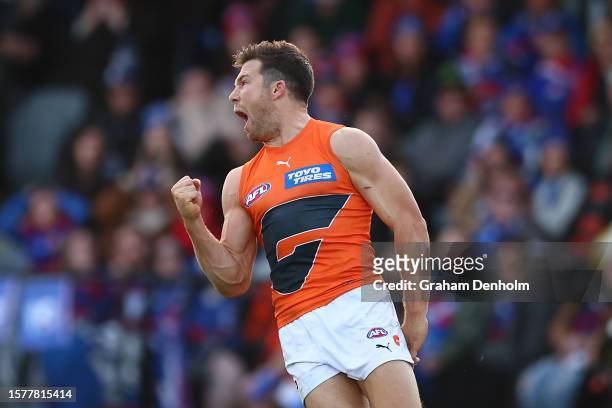 Toby Greene of the Giants celebrates kicking a goal during the round 20 AFL match between Western Bulldogs and Greater Western Sydney Giants at Mars...